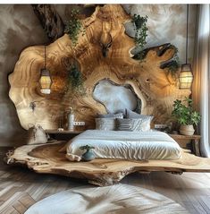 a bed made out of wood with plants growing on the headboard and foot board