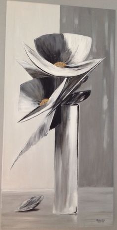 a painting of flowers in a vase on a white wall with grey and black background