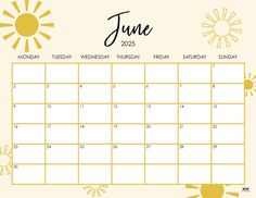 a calendar with the sun and clouds on it for june, as well as an image of