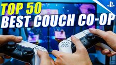 two hands holding video game controllers in front of a tv with the words top 50 best couch co - op