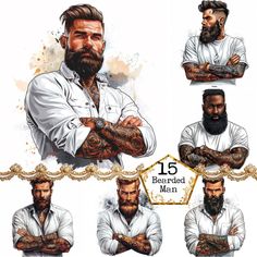 a man with tattoos on his arms and chest is shown in four different poses, including the