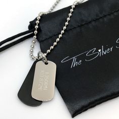 Mens double dog tag necklace with geographic map coordinates engraved from The Silver Store Australia Map Coordinates, Engraved Dog Tags, Engraved Necklace, Dog Tag, Round Pendant, Black Steel, Ball Chain, Tag Necklace, Dog Tags