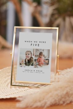 Custom 'When We Were Five' photo display with two childhood images, perfect for celebrating special milestones. A unique addition to any birthday, anniversary, or event decor setup. Wedding Table Numbers Age Pictures, When We Were Table Numbers, Table Numbers With Pictures, Photo Table Numbers, Picture Table, Photo Table, Design Edit, Photo Sign, Age Photos