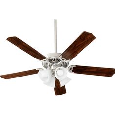 a ceiling fan with three wooden blades and two white glass shades on the blades,