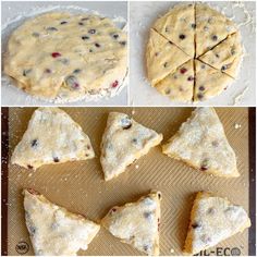 the process of making blueberry scones is shown in three different stages, including dough and filling