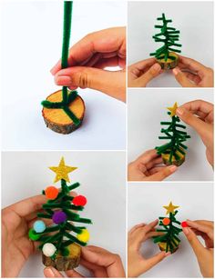 handmade christmas tree made out of wood and felt with colorful balls on it, sitting in front of a white background