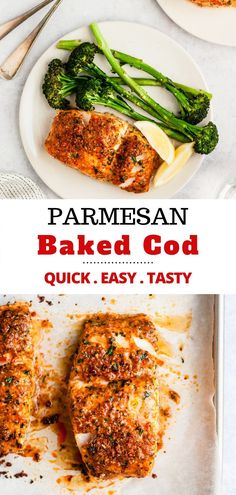 parmesan baked food on a white plate with broccoli