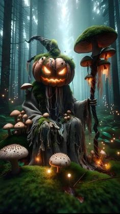 a pumpkin sitting on top of a pile of mushrooms in the forest with glowing eyes