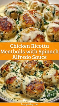 chicken ricotta meatballs with spinach alfredo sauce