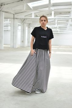 "Striped Maxi Skirt, High Waist Skirt, Plus Size Clothing ◈ Stylish and chic fashion is our shared dream! You can be sure that this piece is made with a lot of love and craftsmanship. ◈ S I Z I N G ◈ This item is available from XS to 4XL. Please, have a look at my Size Chart below before placing your order. ◈ D E L I V E R Y ◈ This item will be shipped in up to 5 days after your order was placed. We use Express worldwide shipping for all of our items. Shipping usually takes: ✈ 2-3 biz days to US Casual Short Sleeve Dress With Lined Skirt, Casual Dresses With Lined Skirt And Short Sleeves, Casual Black Lined Maxi Skirt, Casual Black Pleated Maxi Skirt, Black Pleated Casual Maxi Skirt, Trendy Relaxed Maxi Skirt, Casual Cotton Flared Dress, Casual Dress With Relaxed Flared Skirt, Casual Dresses With Relaxed Flared Skirt