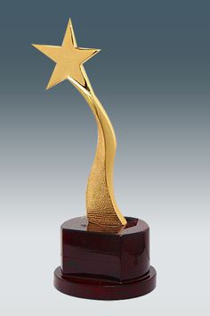 a gold star trophy on top of a wooden base