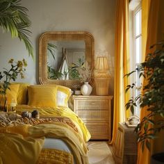 a bedroom decorated in yellow and white with wicker furniture, large potted palm tree