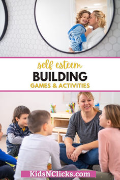 kids and adults are sitting in front of a mirror with the words self - centered building games & activities