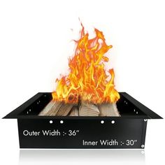 an outdoor fire pit with flames coming out of the top and side panels on it