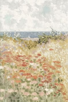 a painting of flowers in a field with the ocean in the background