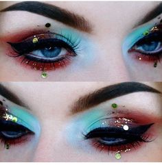 Smokey Eye With Blue Liner, Eyeshadow Looks Sunset, Red Blue Makeup Looks, Extra Eyes Makeup, Hhn Makeup Ideas, Sultry Eyeshadow Looks, Blue And Red Eye Makeup, Eyeshadow Inspiration Colorful, Arcade Makeup