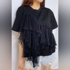 Dress Up Your Casual Look With This Ruffle Lace Detailed T-Shirt! Short Sleeve Tee, Lace Ruffle Detail Slightly Cropped And Side Slits At Bottom Hem Asymmetrical Ruffle Layers, Plenty Of Stretch Available In Black With Black Lace Or White With Pink Lace Cheap Long Sleeve T-shirt With Ruffles, Cheap Fitted Shirt With Ruffles, Cheap Women's Ruffled T-shirt, Cheap Black Tops With Ruffle Sleeves, Affordable Cotton T-shirt With Ruffle Sleeves, Cheap Fitted T-shirt With Ruffles, Ruffled Sleeve Tshirt, Cheap Fitted Ruffle T-shirt, T Shirt Add Ruffle To Sleeve