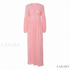 Lasaky - Vintage Style Cinched-Waist Pleated Loose-Fit Long Sleeve Dress White Boho Beach Dress, Kiss Dress, Flowy Dress Long, Long Sleeve Fitted Dress, Chic Maxi Dresses, Boho Beach Dress, Ankle Length Dress, Autumn Dress, Split Dress