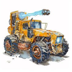 a drawing of a yellow truck with large wheels