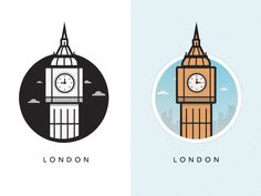 the big ben clock tower in london is depicted on two separate color versions, each with different time zones