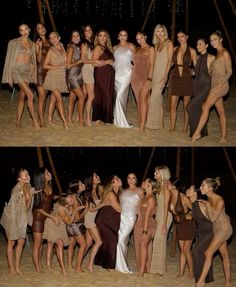 several women in dresses posing for pictures on the beach at night and one is holding her hand out to another woman