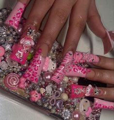 Long Duck Nails With Charms, Gyaru Duck Nails, 5xl Nails, Y2k Junk Nails, Acrylic Junk Nails, Clutter Nails, Duck Nail Designs Y2k, Duck Nails Acrylic Y2k, Long Junk Nails