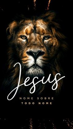 a lion with the words jesus on it's face, in front of a black background