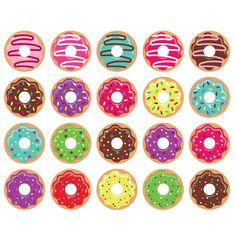 twelve donuts with different colored frosting and sprinkles arranged in rows