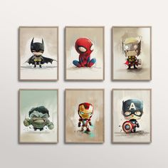 the avengers, iron man, captain america and spider - man are featured in this set of four art prints