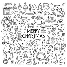 merry christmas doodles in black and white