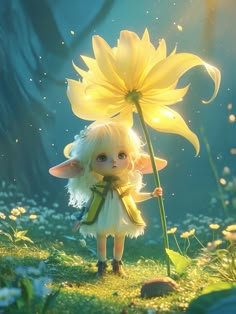 a little fairy holding a big yellow flower