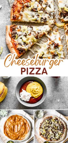 the cheeseburger pizza is ready to be eaten with sauces and other toppings