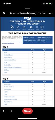 the total package workout plan is displayed on an iphone screen, with text below it