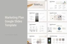 the marketing plan google slides template is displayed on a white background with gray and blue accents