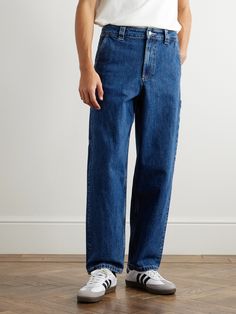 Reminiscent of workwear styles, A.P.C.'s 'Fergus' jeans are cut from stonewashed Japanese denim. They're designed with slant pockets, a hammer loop and a vintage-style patch on the back. Japanese Denim, Workwear Fashion, Jeans For Men, Mr Porter, Straight Jeans, Straight Leg Jeans, Mens Jeans, Work Wear, Porter