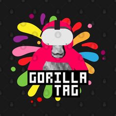 the gorilla tag logo on a black background with colorful paint splattered around it