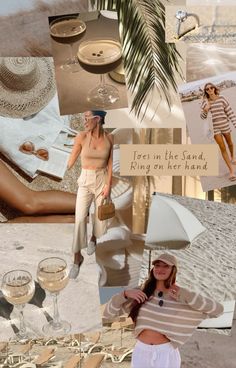 a collage of photos with women in the sand, wine glasses and umbrellas