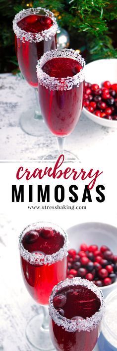 three glasses filled with cranberry mimosa sitting on top of a table