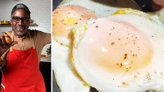 a man in an orange apron is cooking eggs on a skillet and the same photo has been split into two halves