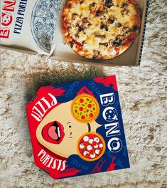 two pizzas sitting next to each other on top of a white carpeted floor