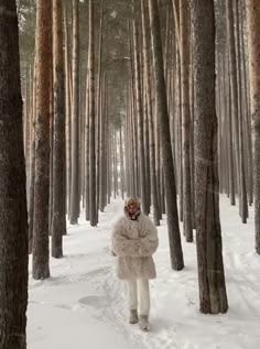 a person walking in the snow between two rows of trees with their arms around each other