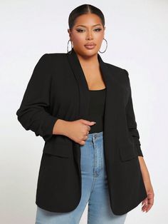 Negro Elegante Collar manga francesa Tela tricotada Liso Más Embellished Elástico Ligero Todo Oversize Outfit, Blazer Plus Size, Outfit Elegantes, Shawl Collar Blazer, Blazer Casual, Plus Size Blazer, Plus Size Suits, Womens Business Casual, Plus Size Coats