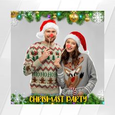 a man and woman in christmas sweaters posing for a photo with the words ho ho ho