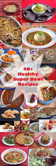 a collage of healthy super bowl recipes on a red tablecloth with text overlay