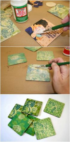 the process for making coasters is shown with green and blue designs on them, including one