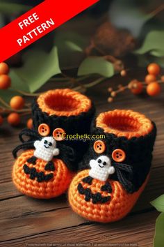 crocheted halloween baby booties with pumpkins and ghost on them, free pattern