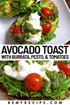 avocado toast with burrata, pesto, and tomatoes on white plate