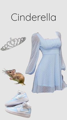 a blue dress with white polka dots on it and a mouse in the bottom right corner