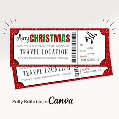 two red and white christmas tickets with the words merry christmas travel location