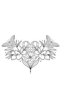 a black and white drawing of flowers with butterflies